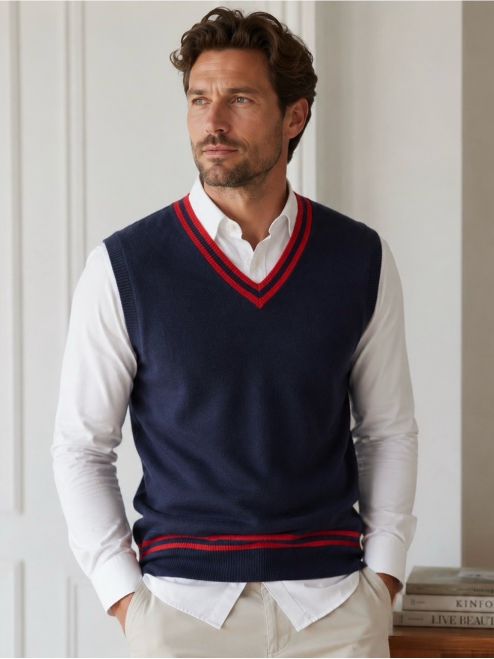 Club Room 100% Cashmere Navy V-Neck Sweater Vest with Red Trim